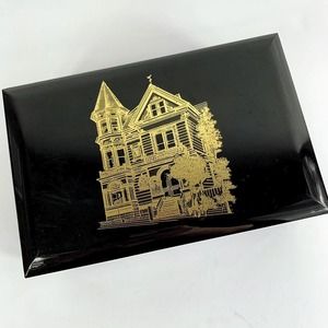 Vintage Otagirl Musical Jewelry Box, Black Lacquer, Gold Victorian House, Velvet